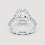 Underside view of basket setting on a 4 CT round lab diamond halo ring in white gold.