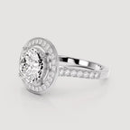 3/4 front view highlighting halo setting on 4 CT round lab diamond ring in white gold.