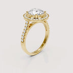 Angled profile view of a 4 CT round lab grown diamond halo engagement ring in yellow gold.