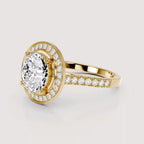 A yellow gold halo ring featuring a large round-cut center stone surrounded by a double halo of smaller pavé-set stones, with a matching stone-lined band, shown on a light gray background.