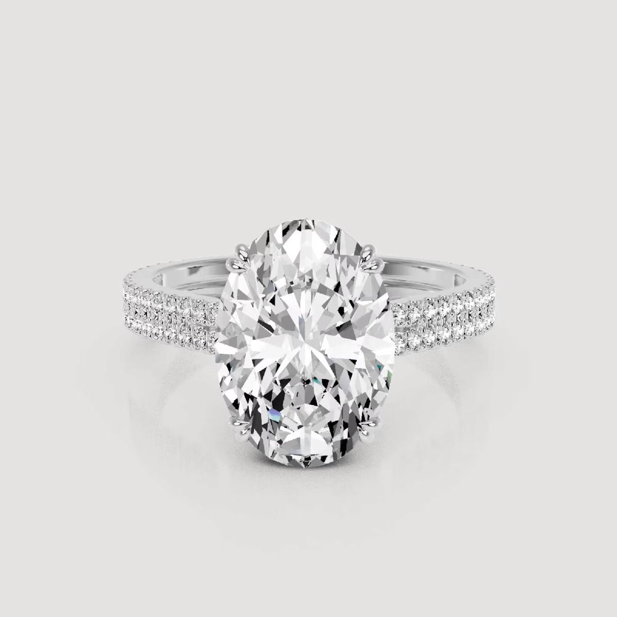 4 Carat Oval Lab Grown Diamond Ring with Double Row Pavé Band in 18K Yellow Gold Side Angle