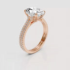 Perspective view of 4 Carat Oval Cut Lab Diamond Ring with double row pavé band in Rose Gold