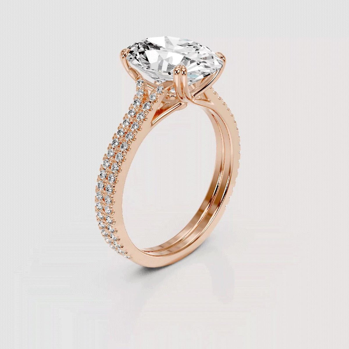 Perspective view of 4 Carat Oval Cut Lab Diamond Ring with double row pavé band in Rose Gold