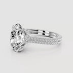 Angle view of 4 Carat Oval Cut Lab Grown Diamond Ring featuring double row pavé setting in White Gold