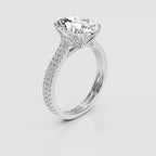 High angle view showing cathedral basket setting and double pavé band of 4 CT Oval Lab Diamond Ring in White Gold