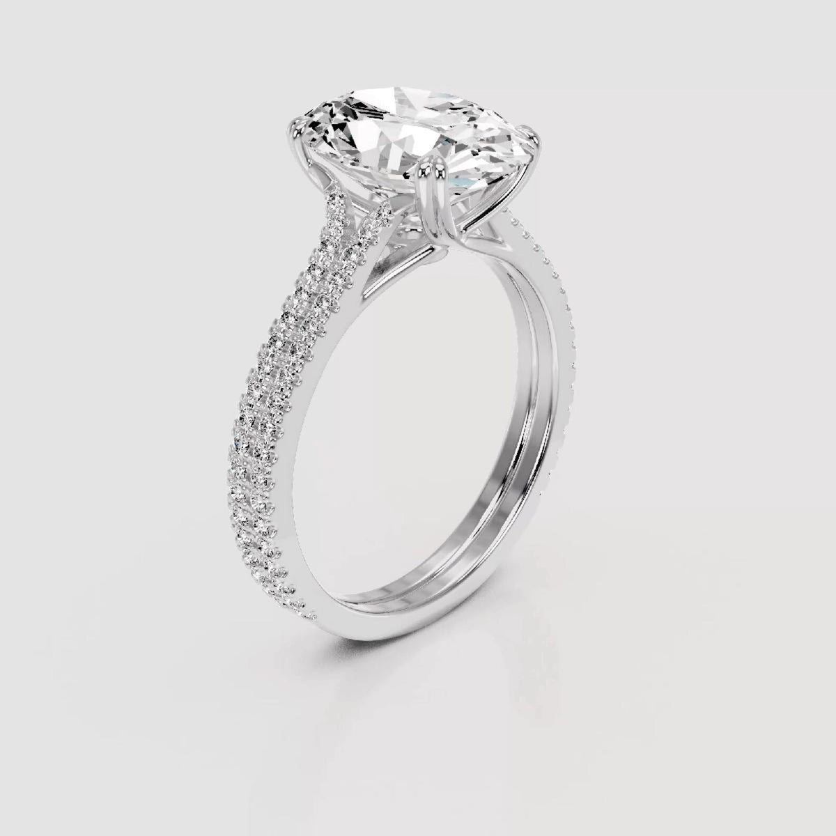 High angle view showing cathedral basket setting and double pavé band of 4 CT Oval Lab Diamond Ring in White Gold