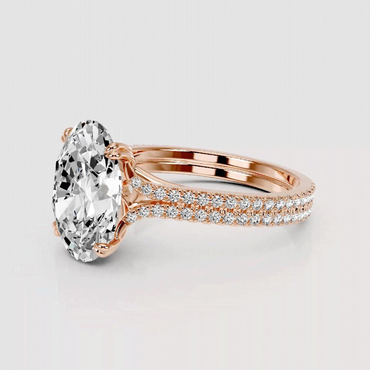 Side profile view of 4 Carat Oval Cut Lab Grown Diamond Engagement Ring in Rose Gold with micro pavé accent diamonds