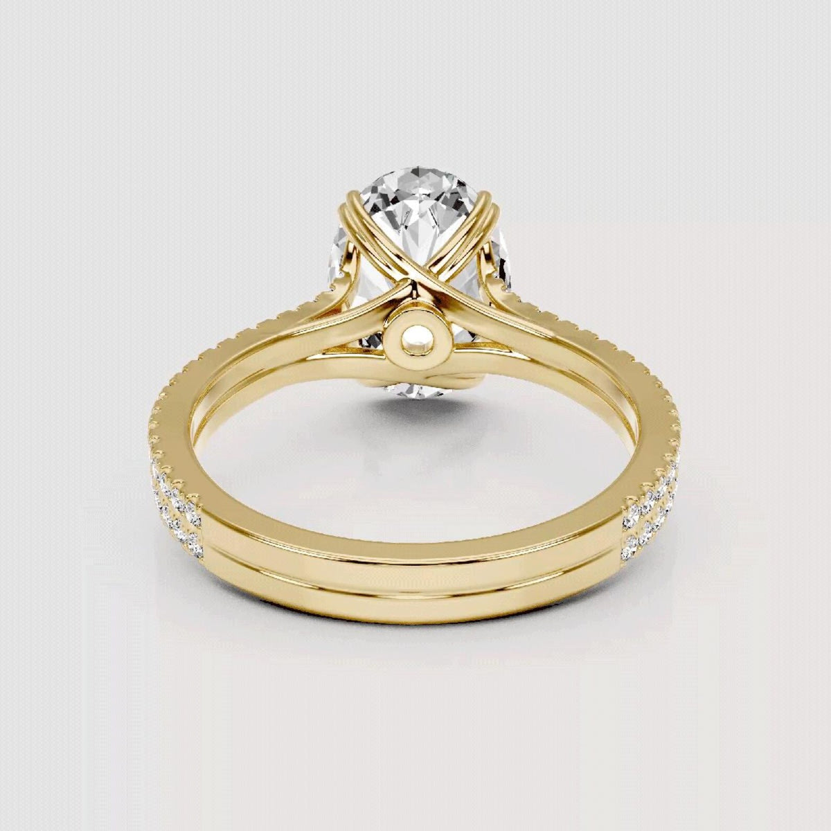 Under gallery and basket design of 4 Carat Oval Lab Grown Diamond Ring in Yellow Gold
