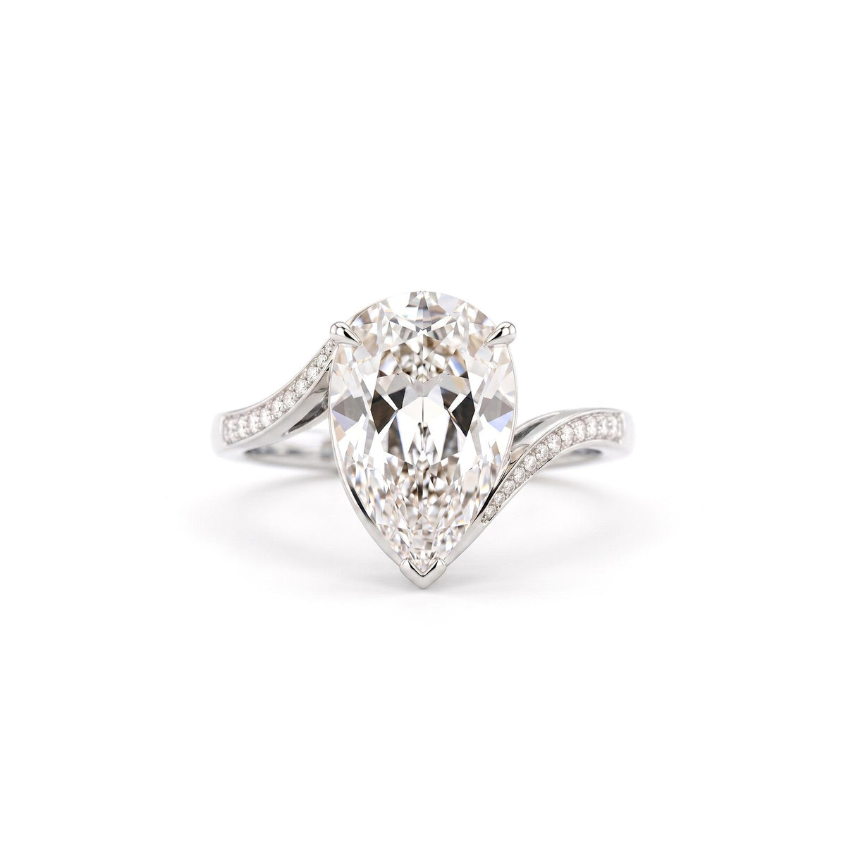 Front view of 3 Carat Pear Cut Lab Grown Diamond Engagement Ring in White Gold with swirl pavé band