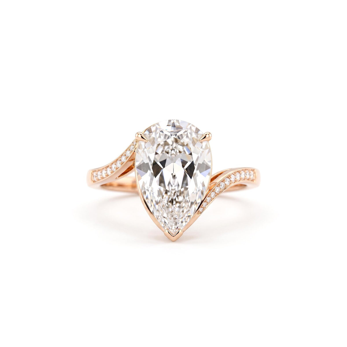 Front view of 3 Carat Pear Shaped Lab Grown Diamond Engagement Ring in Rose Gold with bypass pavé shank