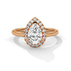 Top-down front view of 3 Carat Pear Cut Lab Diamond Halo Ring in 14K Rose Gold