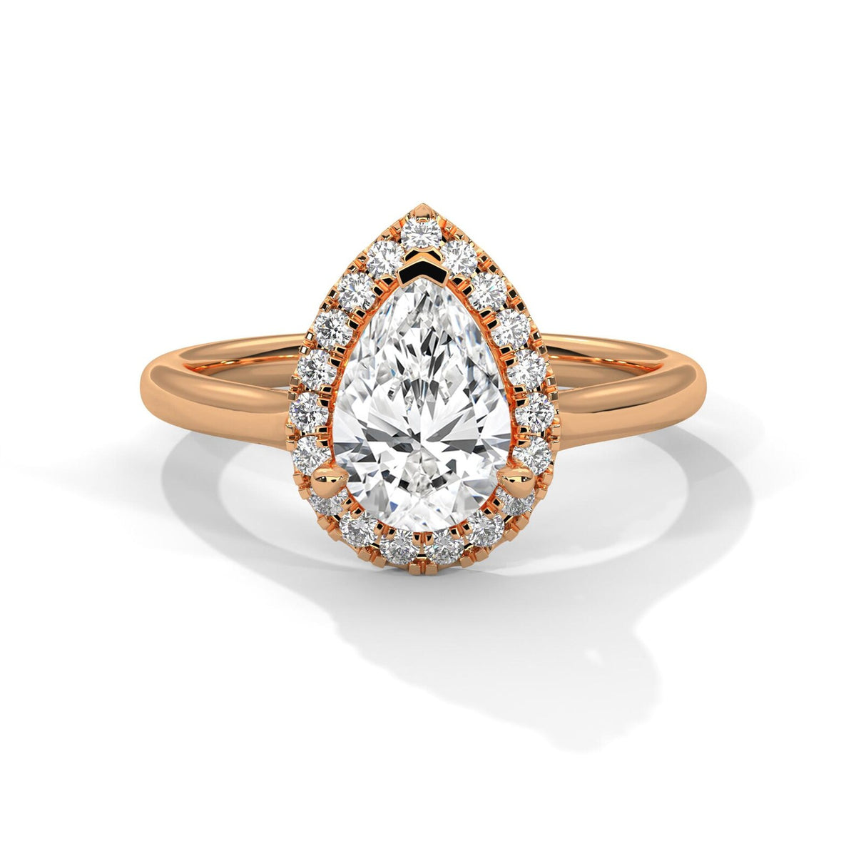 Top-down front view of 3 Carat Pear Cut Lab Diamond Halo Ring in 14K Rose Gold