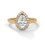 Front view of 3 Carat Pear Cut Lab Grown Diamond Halo Engagement Ring in 18K Yellow Gold