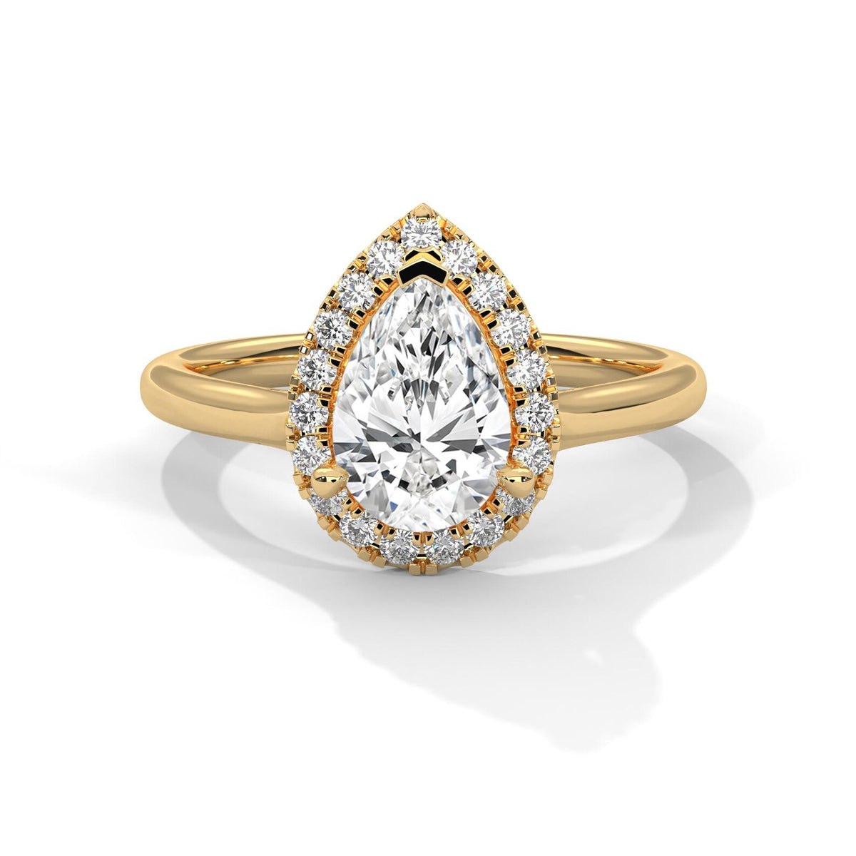 Front view of 3 Carat Pear Cut Lab Grown Diamond Halo Engagement Ring in 18K Yellow Gold