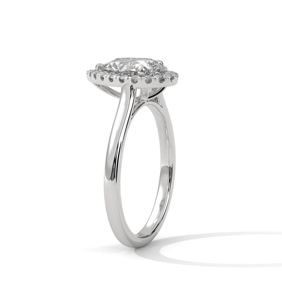 Side angle view of 3 Carat Pear Cut Lab Diamond Halo Engagement Ring in White Gold