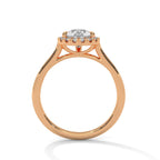 Direct side profile view of 3 Carat Pear Cut Lab Diamond Halo Ring in Rose Gold showing cathedral bridge