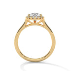 Direct side profile view of 3 Carat Pear Cut Lab Grown Diamond Halo Ring in Yellow Gold
