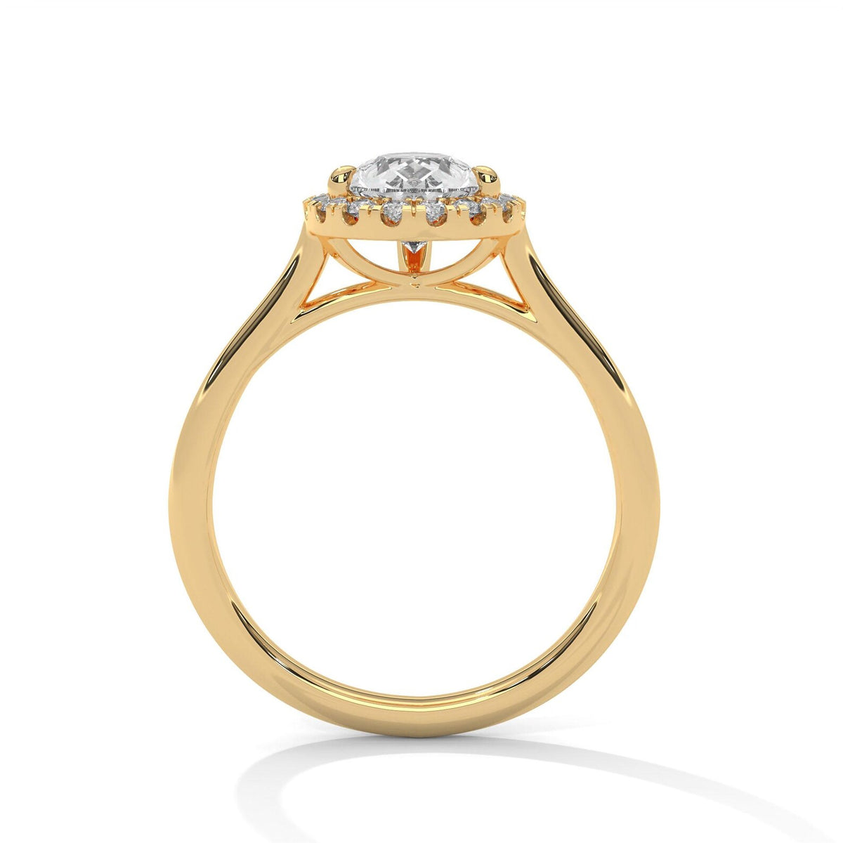 Direct side profile view of 3 Carat Pear Cut Lab Grown Diamond Halo Ring in Yellow Gold