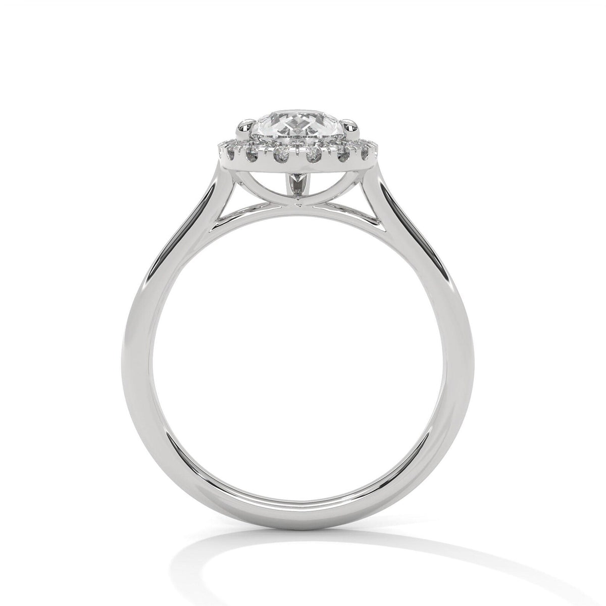 Side profile view of 3 Carat Pear Cut Lab Diamond Halo Engagement Ring in Platinum or White Gold