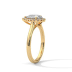Perspective angle view of 3 Carat Pear Cut Lab Diamond Halo Engagement Ring in Yellow Gold
