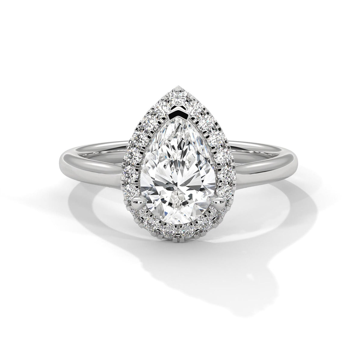 Top-down view of 3 Carat Pear Cut Lab Grown Diamond Halo Engagement Ring in White Gold