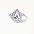 Front top-down view of 2 Carat Pear Cut Lab Grown Diamond Double Halo Engagement Ring with pavé band in White Gold
