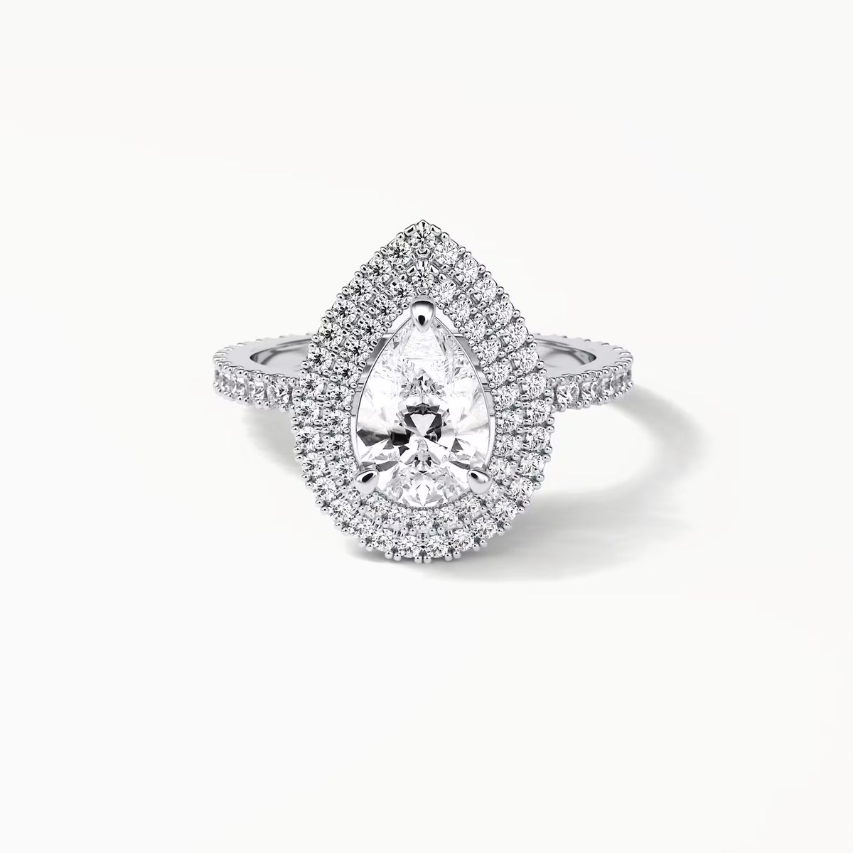 Front top-down view of 2 Carat Pear Cut Lab Grown Diamond Double Halo Engagement Ring with pavé band in White Gold