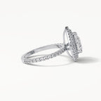 Angled perspective view of 2 Carat Pear Cut Lab Diamond Double Halo Engagement Ring with diamond band