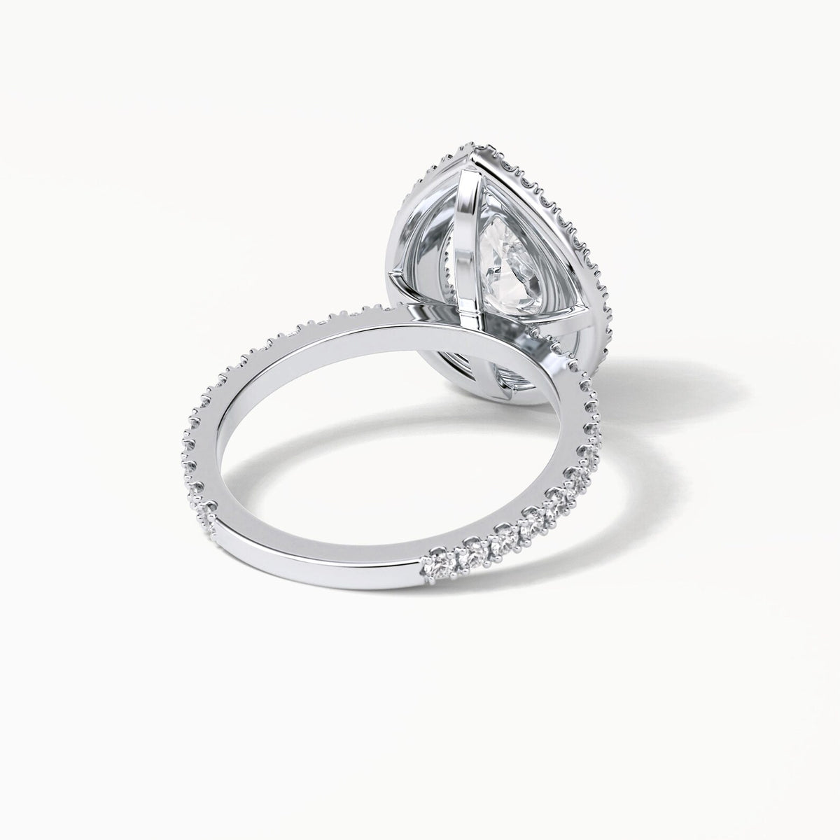 Underside setting detail of 2 Carat Pear Cut Lab Grown Diamond Double Halo Ring showing basket construction