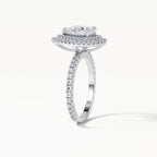 Vertical side profile view of 2 Carat Pear Cut Lab Diamond Double Halo Ring showing micro-pavé band