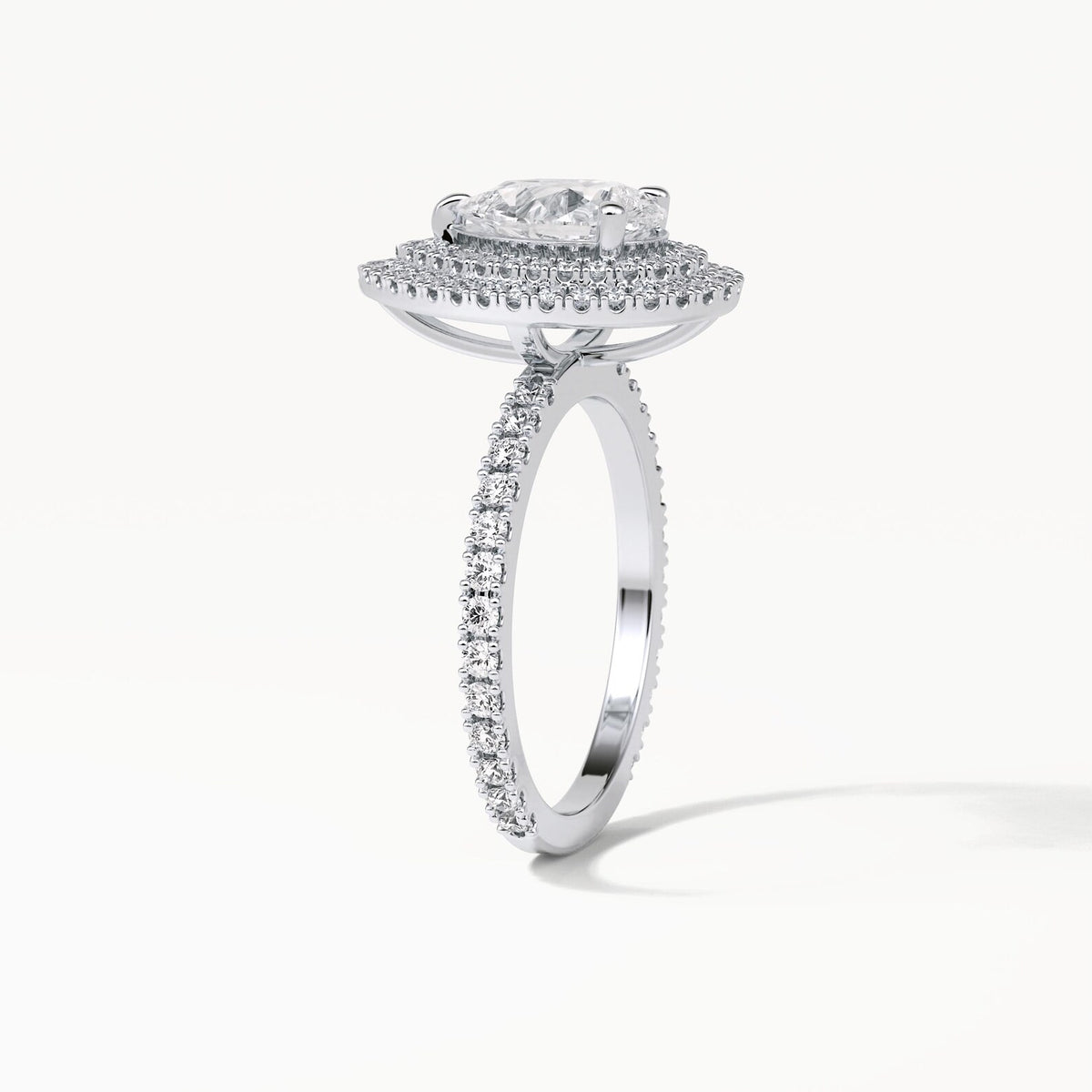 Vertical side profile view of 2 Carat Pear Cut Lab Diamond Double Halo Ring showing micro-pavé band