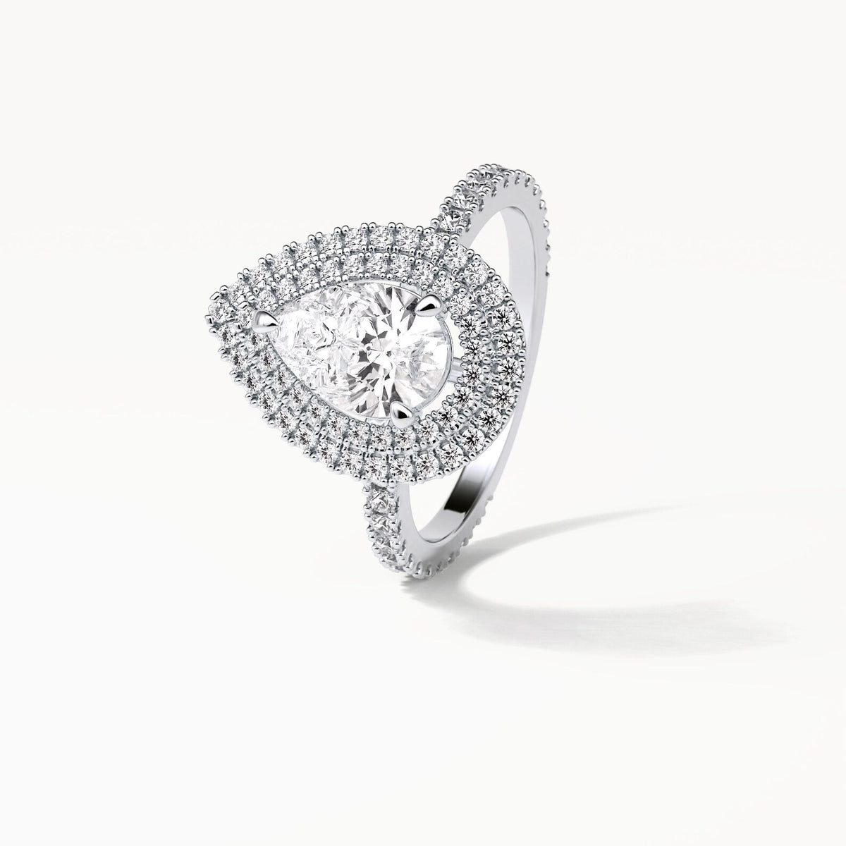 High angle perspective view of 2 Carat Pear Cut Lab Grown Diamond Double Halo Engagement Ring
