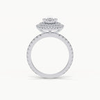 Direct side elevation view of 2 Carat Pear Cut Lab Grown Diamond Double Halo Engagement Ring in Platinum or White Gold