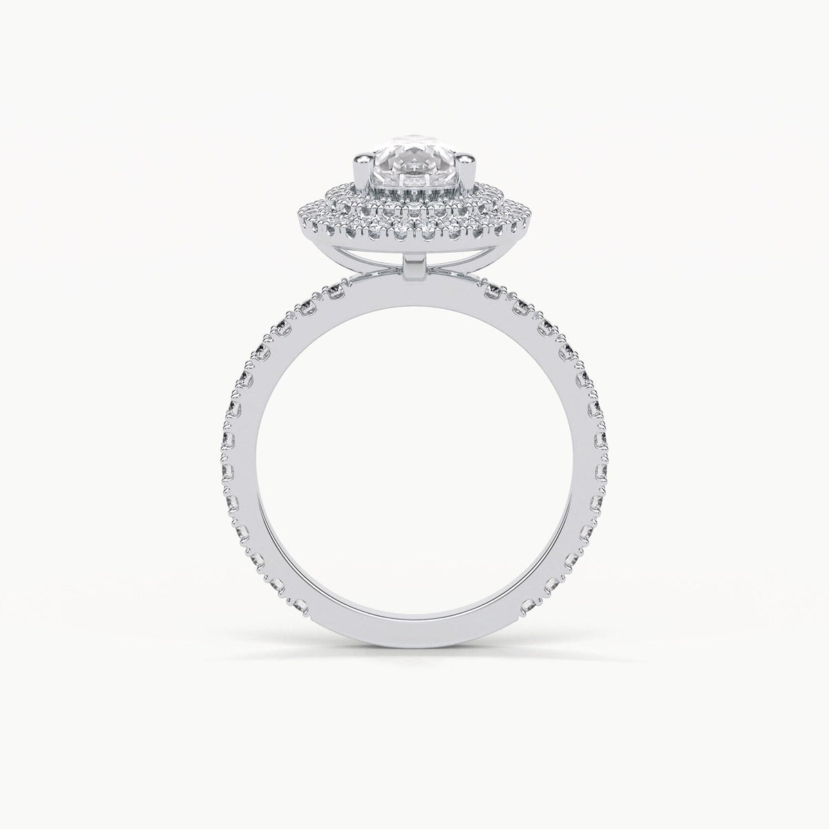 Direct side elevation view of 2 Carat Pear Cut Lab Grown Diamond Double Halo Engagement Ring in Platinum or White Gold