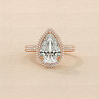 Front top view of 4 Carat Pear Cut Lab Grown Diamond Double Halo Engagement Ring in 14K rose gold