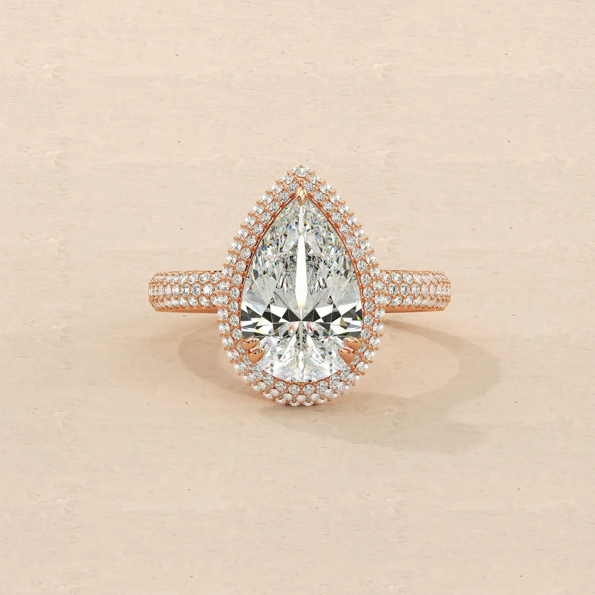 Front top view of 4 Carat Pear Cut Lab Grown Diamond Double Halo Engagement Ring in 14K rose gold