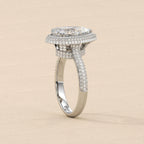 Standing upright perspective view showing high-profile cathedral basket setting of 4 Carat Pear Lab Diamond Double Halo Ring
