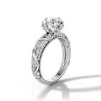 Three-quarter side profile view of 3 Carat Round Cut Lab Grown Diamond Lotus Floral Ring with pave vine shank in white gold