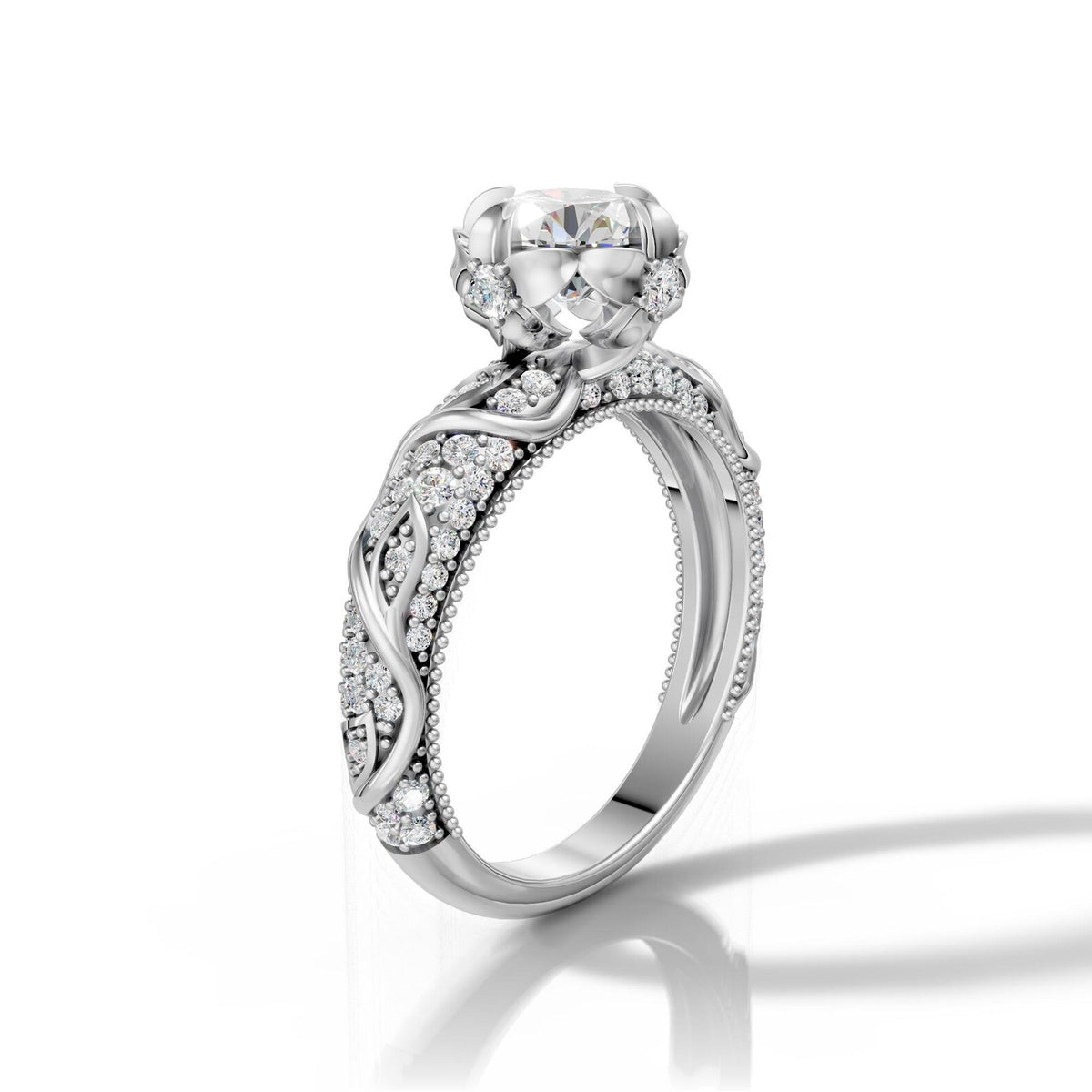 Three-quarter side profile view of 3 Carat Round Cut Lab Grown Diamond Lotus Floral Ring with pave vine shank in white gold