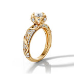 Three-quarter profile view of 3 Carat Round Cut Lab Grown Diamond Ring with floral petal setting in yellow gold