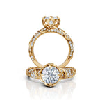 Dual perspective showing side profile and top-down view of 3 Carat Round Cut Lab Grown Diamond Lotus Ring in yellow gold
