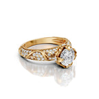 High-angle perspective view highlighting lotus prongs and micro-pave vine band of 3 Carat Round Lab Diamond Ring