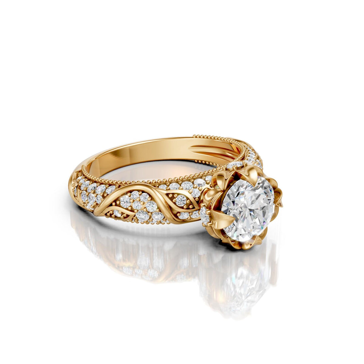 High-angle perspective view highlighting lotus prongs and micro-pave vine band of 3 Carat Round Lab Diamond Ring