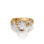 Top-down view of 3 Carat Round Cut Lab Grown Diamond Engagement Ring showing petal crown frame and pave shoulders in yellow gold