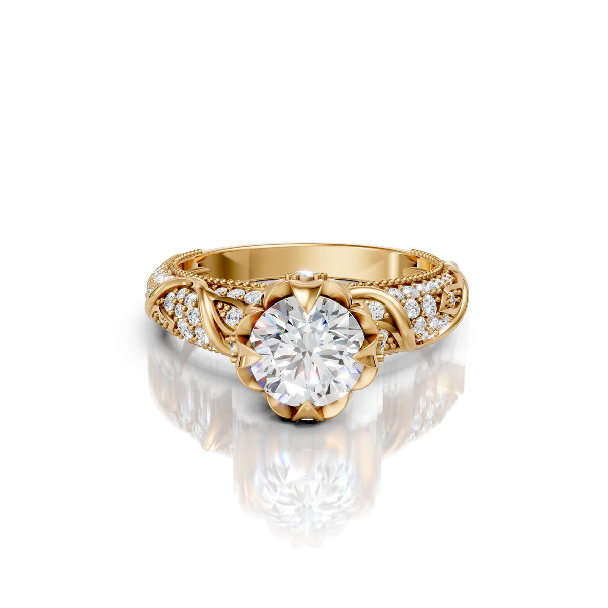 Top-down view of 3 Carat Round Cut Lab Grown Diamond Engagement Ring showing petal crown frame and pave shoulders in yellow gold