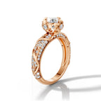 Three-quarter side profile view of 3 Carat Round Cut Lab Grown Diamond Lotus Floral Engagement Ring in 14K rose gold