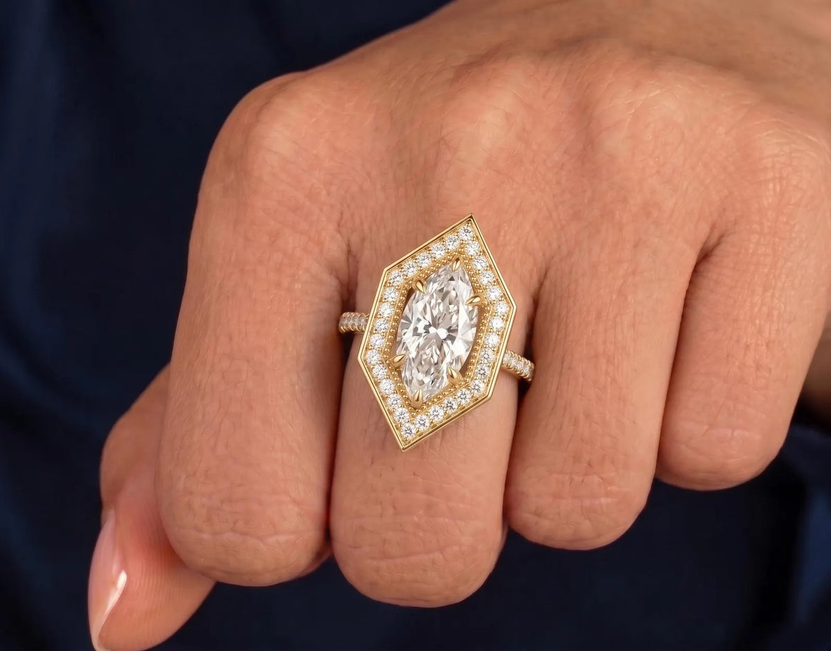 On-hand view of 2 Carat Marquise Cut Lab Grown Diamond Geometric Halo Engagement Ring in yellow gold
