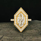 Top-down view showing 2 Carat Marquise Cut Lab Grown Diamond framed by a geometric micro-pave halo on rustic background