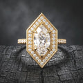 High-resolution close-up view of 2 Carat Marquise Cut Lab Grown Diamond with 6-prong geometric pave halo setting