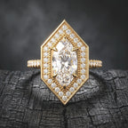 High-resolution close-up view of 2 Carat Marquise Cut Lab Grown Diamond with 6-prong geometric pave halo setting